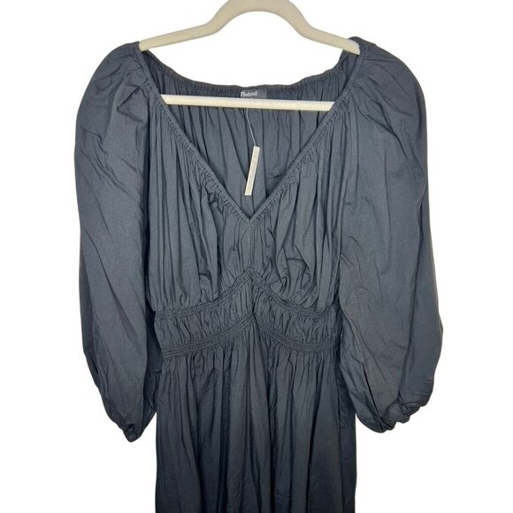 Madewell Black V-Neck Balloon-Sleeve Maxi Dress Size 6 Cinched Waist Pockets NWT - Picture 3 of 9